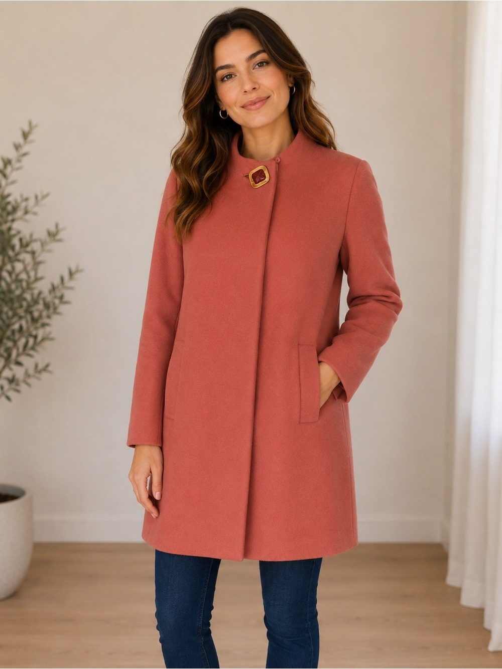Vintage Anne Klein Wool Blend Coral Rose Buckle Coat Women's 4